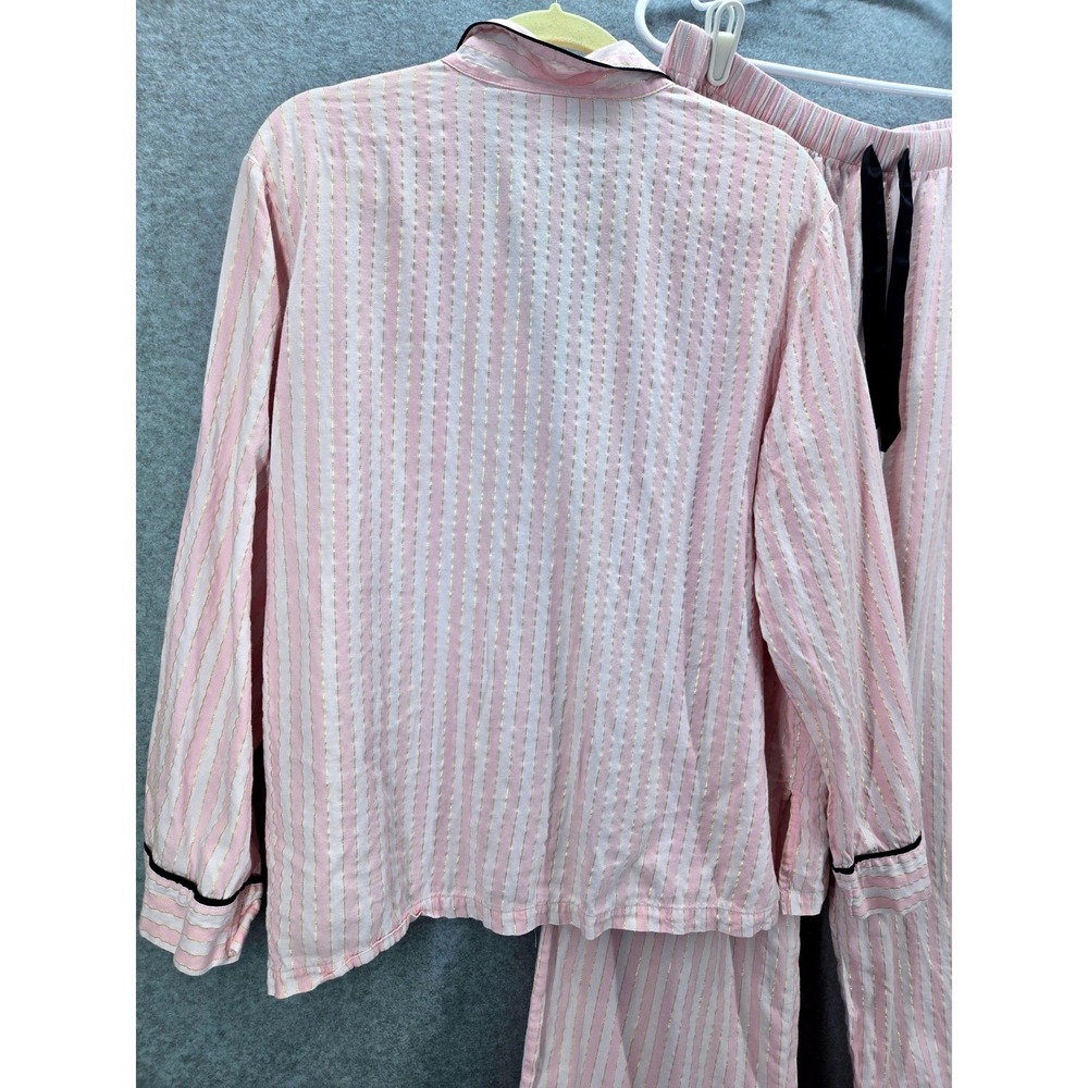 Victoria's Secret Pink White Striped Gold Lurex Pajama Set Large Button Down PJ - Picture 6 of 10